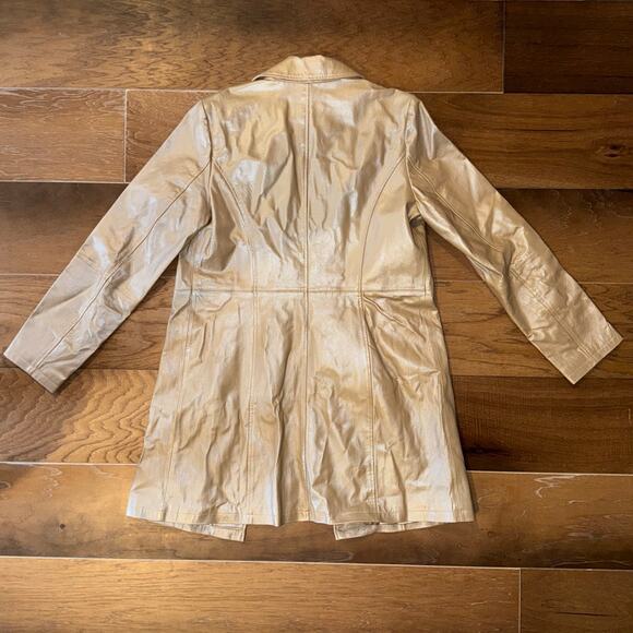 Vintage Leather Trench Chadwick's of Boston Metallic Tan Button-Down Coat 12T - Picture 3 of 7